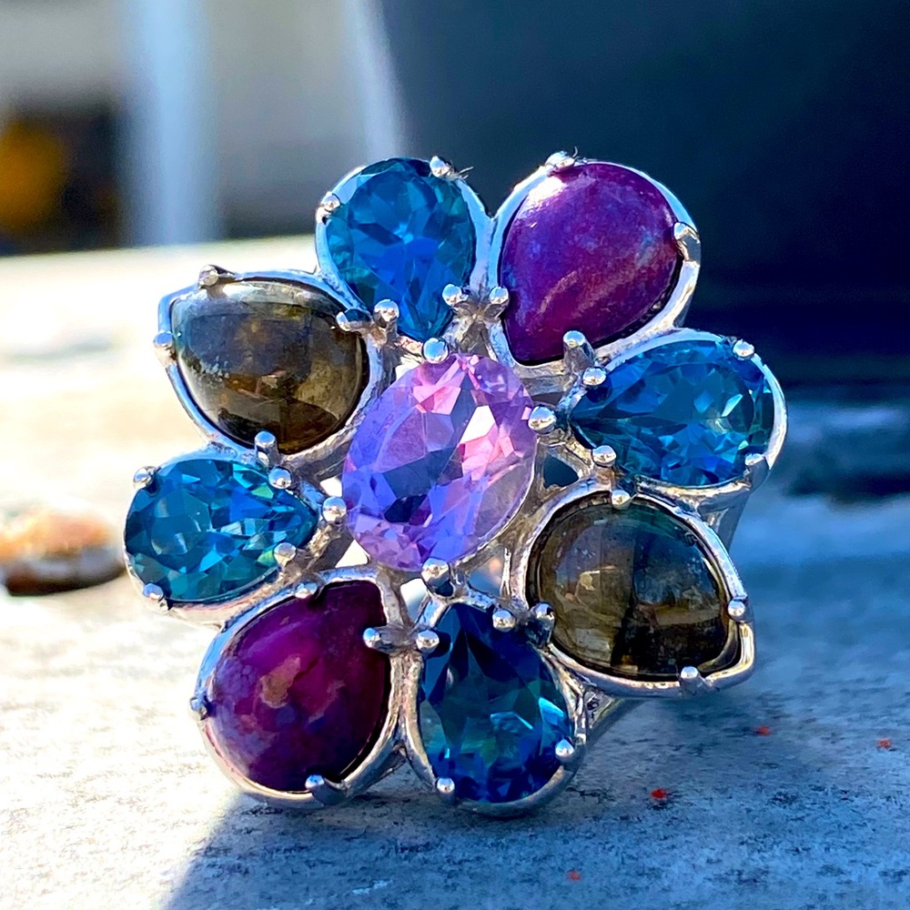 Gorgeous new genuine blue topaz, amethyst, and .925 marked silver ring!